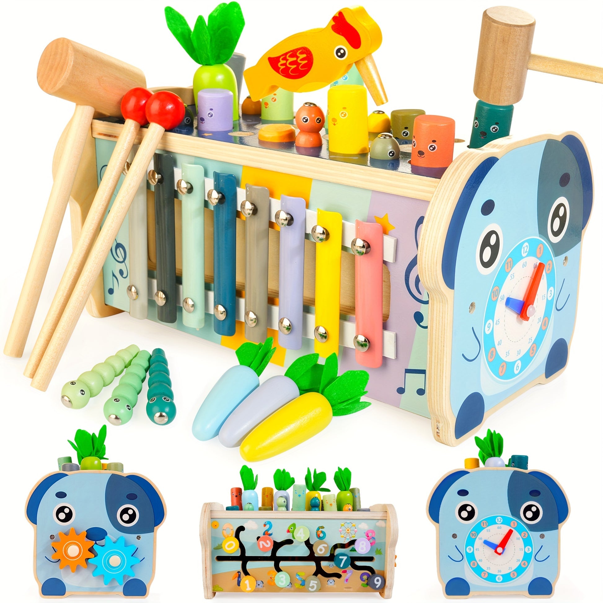 Jouet Montessori 7 en 1 Bois - Xylophone, Jeu Carottes, Marteau pour Bébés 1 an+