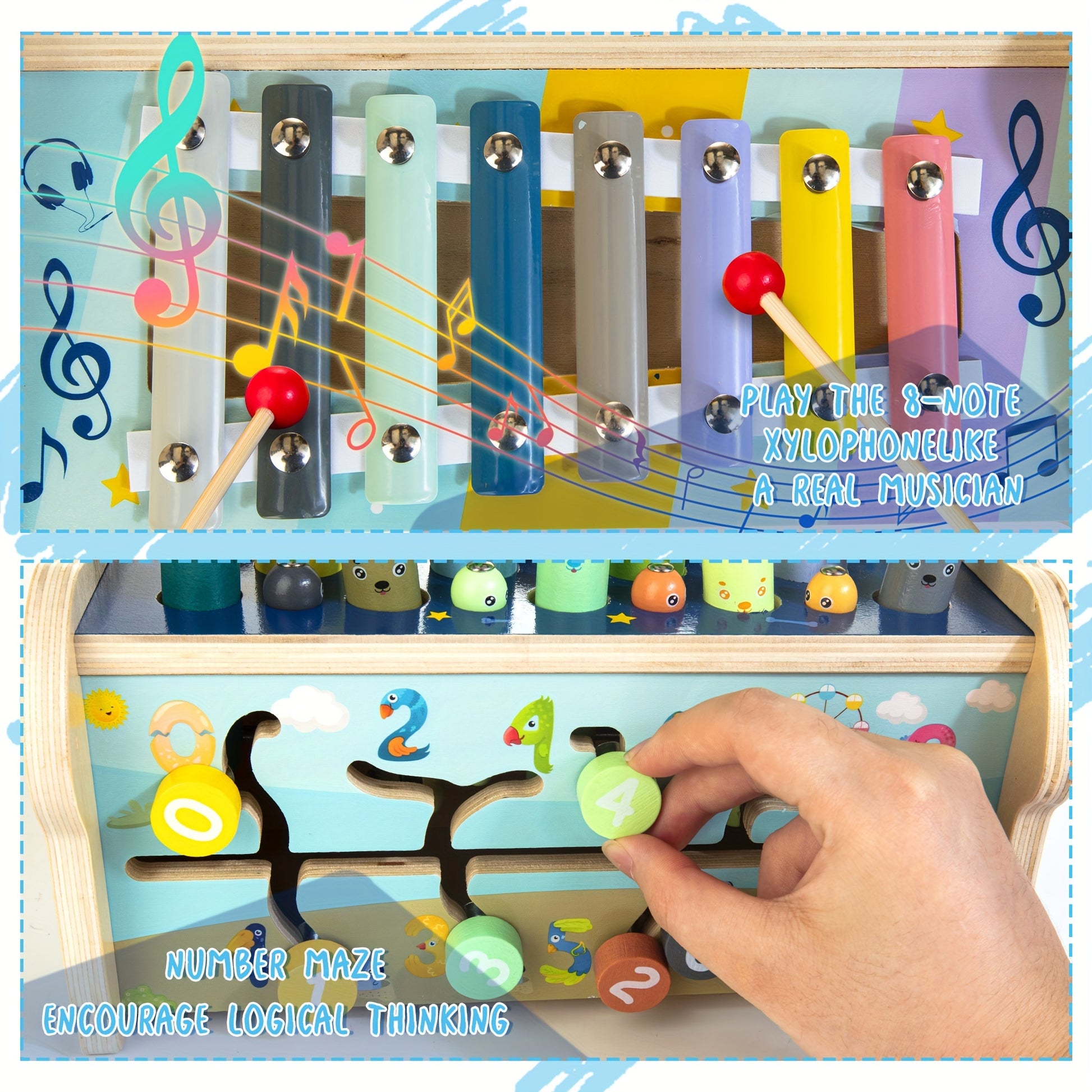 Jouet Montessori 7 en 1 Bois - Xylophone, Jeu Carottes, Marteau pour Bébés 1 an+