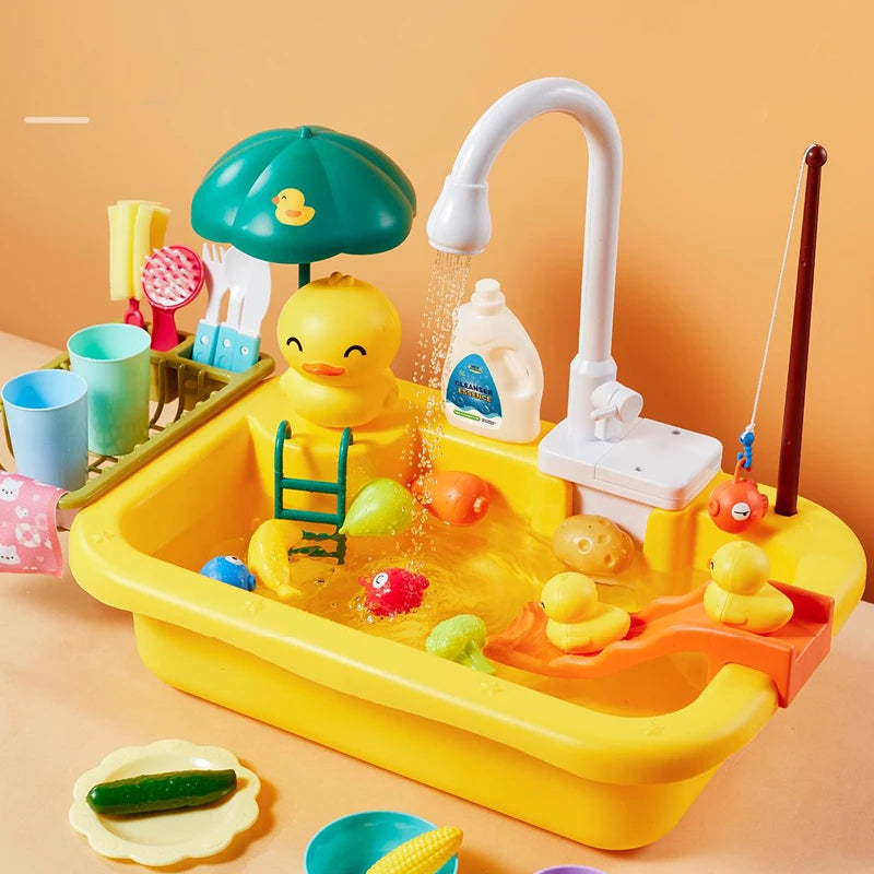 Évier de Cuisine Électrique pour Enfants avec Eau Courante et Jeu de Pêche