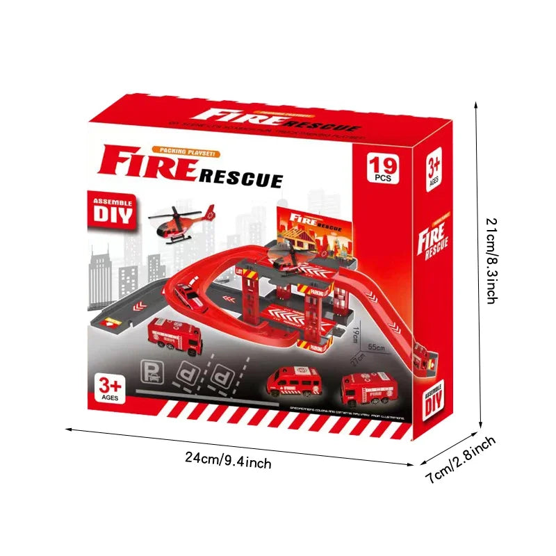 Parking sur Rail Dinosaure - Circuit Voitures Police Pompiers