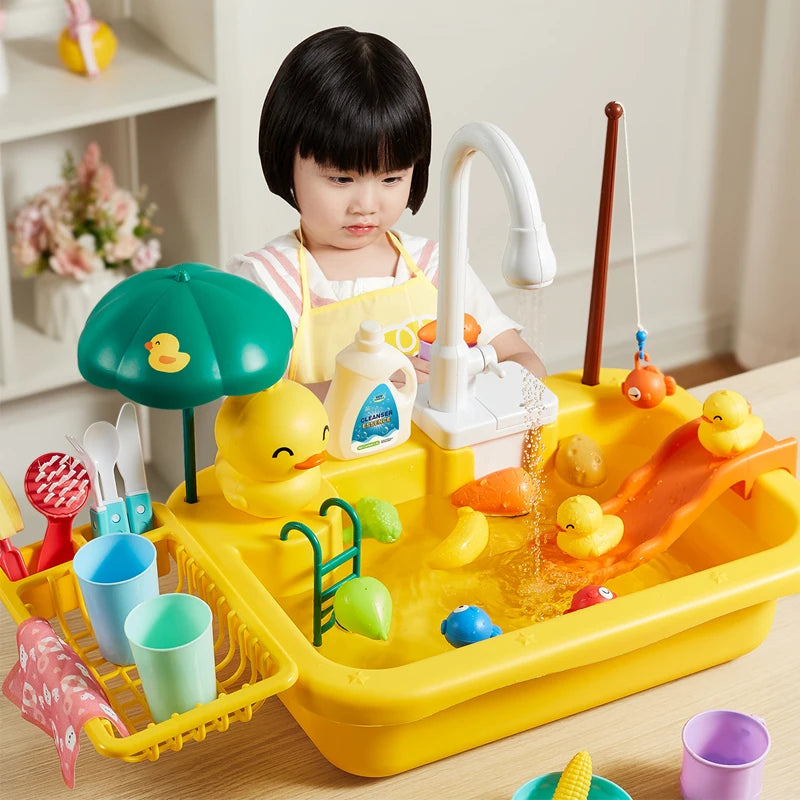 Évier de Cuisine Électrique pour Enfants avec Eau Courante et Jeu de Pêche