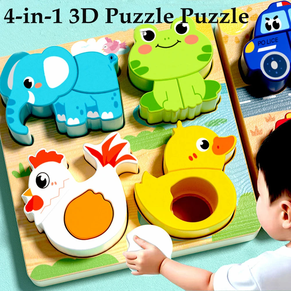 Puzzle 3D en Bois 4 en 1 - Animaux Cartoon Éducatif Enfants