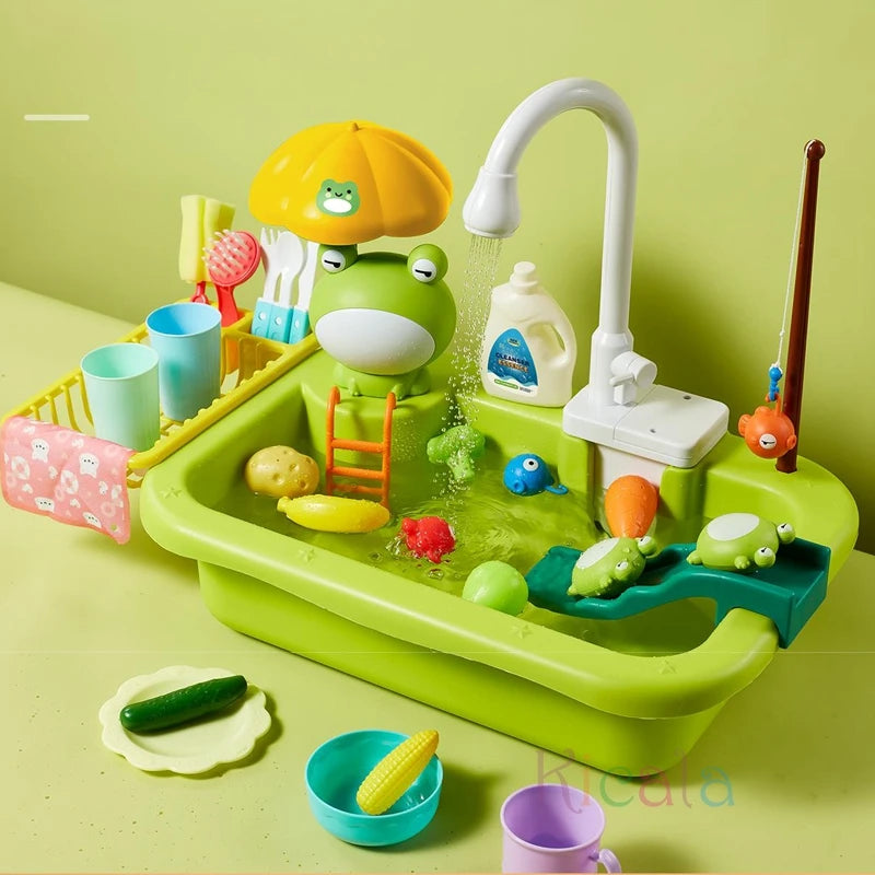 Évier de Cuisine Électrique pour Enfants avec Eau Courante et Jeu de Pêche