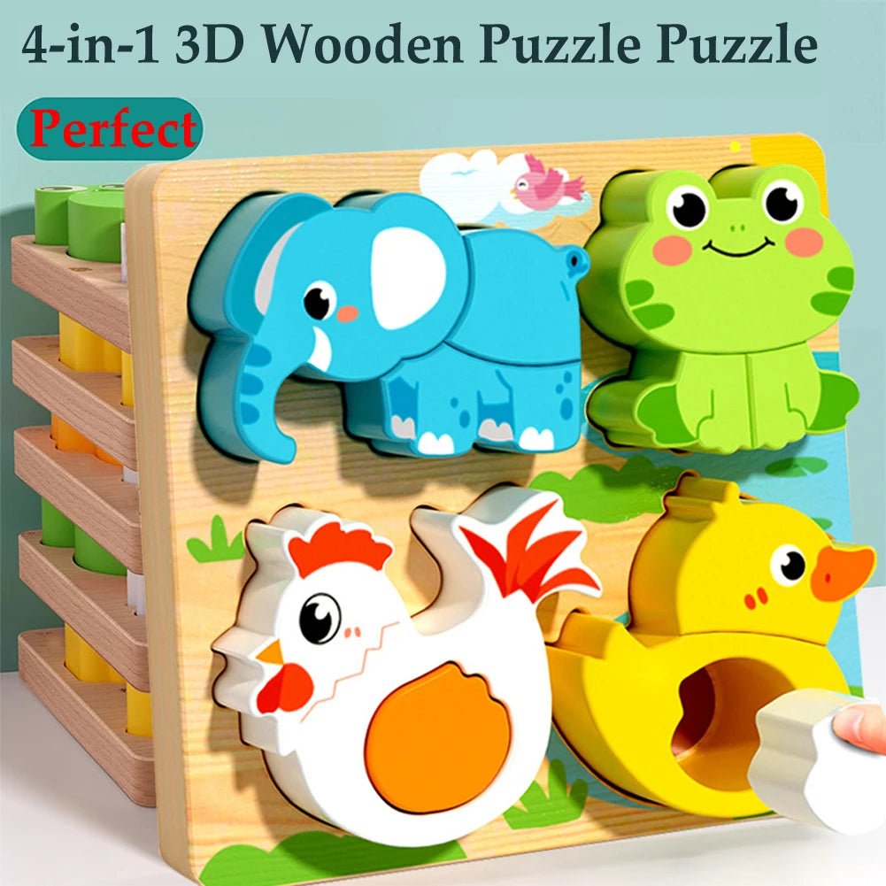 Puzzle 3D en Bois 4 en 1 - Animaux Cartoon Éducatif Enfants
