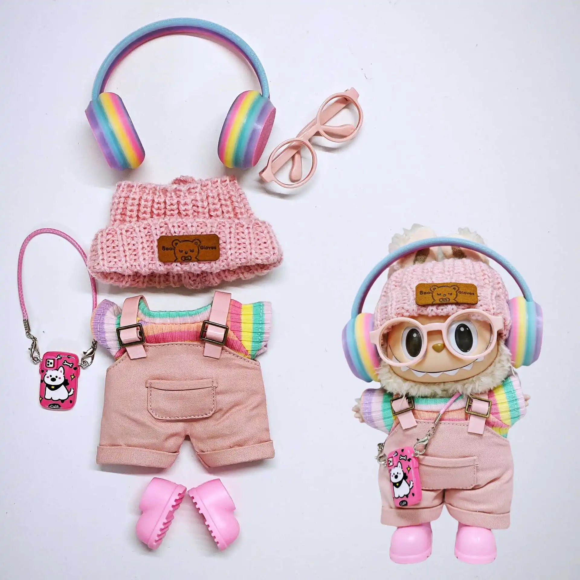 Vêtements Labubu Salopette Rose et Jupe Arc-en-Ciel - Accessoires Poupée sans Poupée