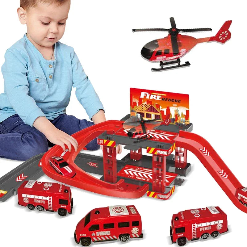 Parking sur Rail Dinosaure - Circuit Voitures Police Pompiers