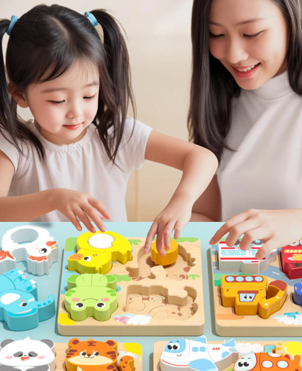 Puzzle 3D en Bois 4 en 1 - Animaux Cartoon Éducatif Enfants