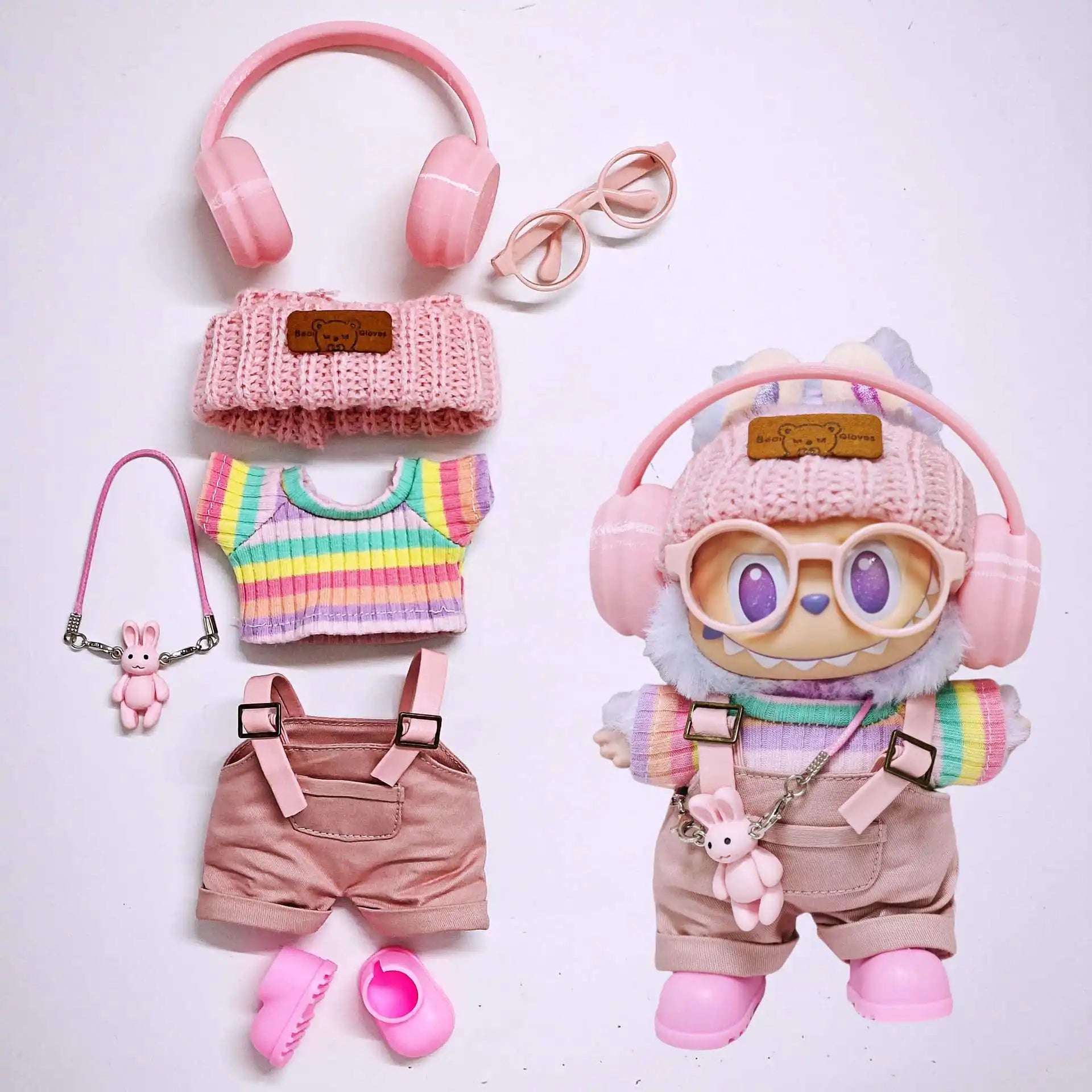 Vêtements Labubu Salopette Rose et Jupe Arc-en-Ciel - Accessoires Poupée sans Poupée