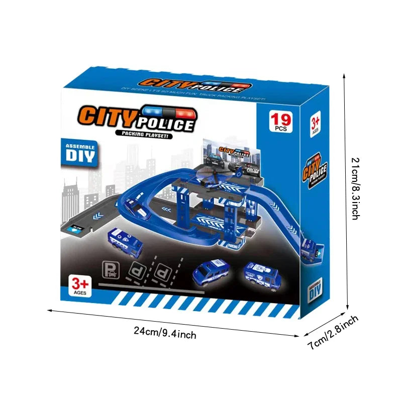 Parking sur Rail Dinosaure - Circuit Voitures Police Pompiers