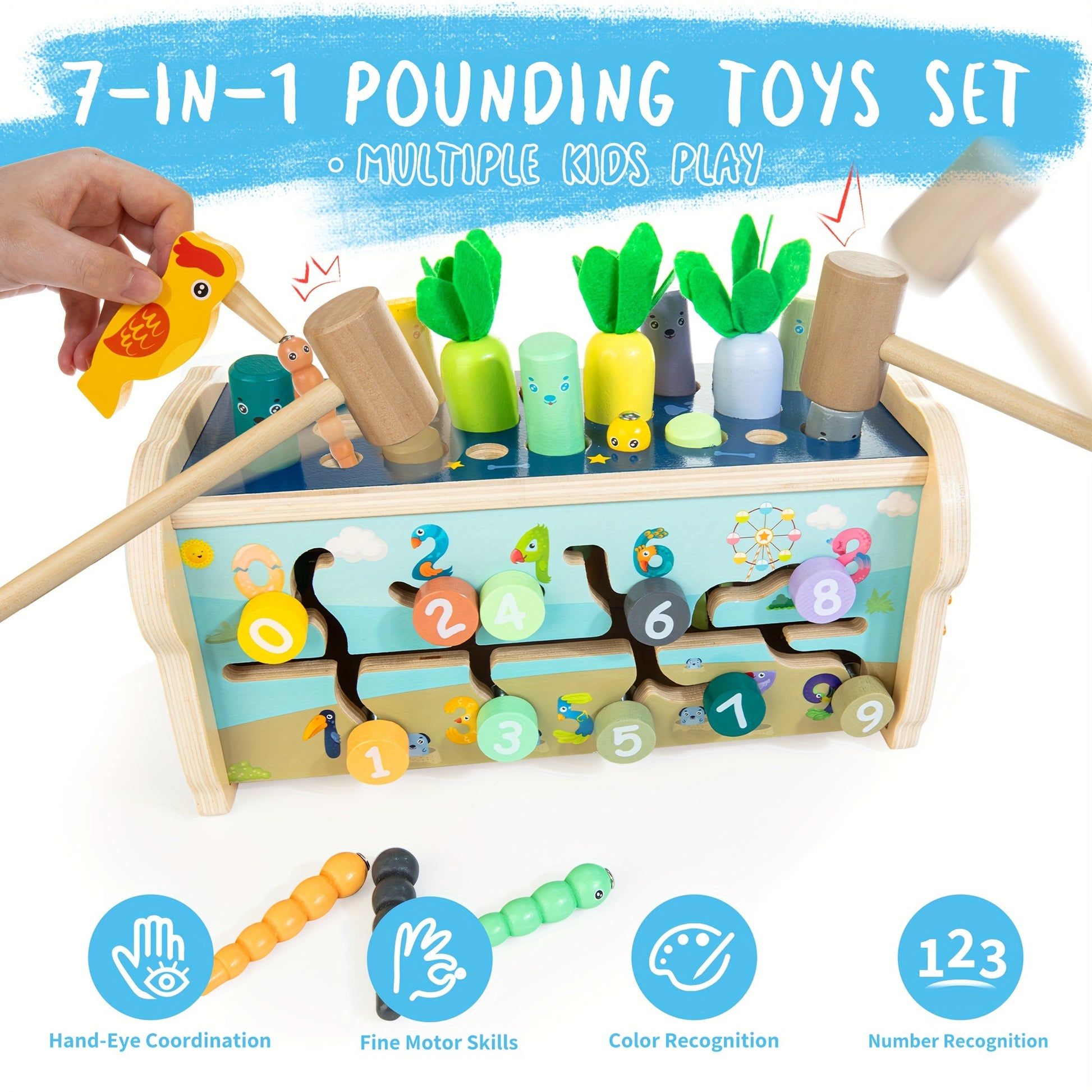 Jouet Montessori 7 en 1 Bois - Xylophone, Jeu Carottes, Marteau pour Bébés 1 an+